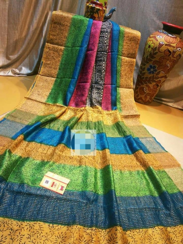 Multi Color Block Printed Zari Border Pure Silk Mark Certified Tussar Silk Sarees - Dailybuyys