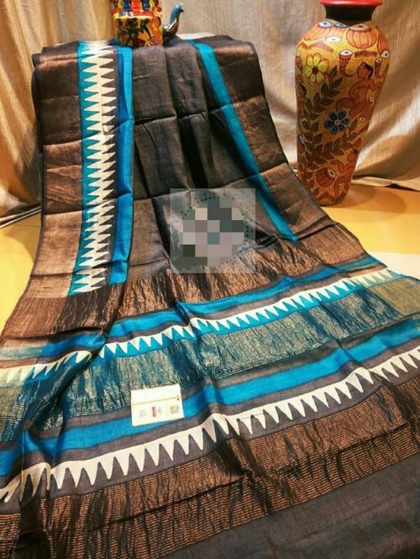 Black Brown Block Printed Zari Border Pure Silk Mark Certified Tussar Silk Sarees - Dailybuyys
