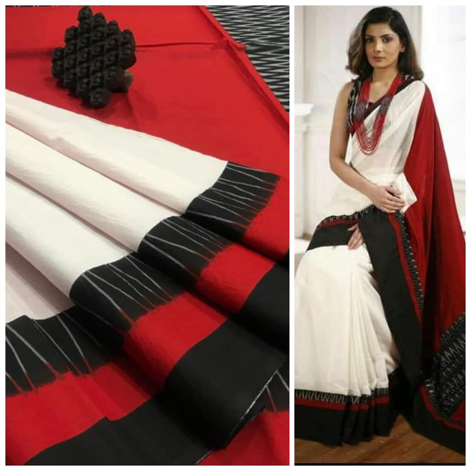 Beige Red Mulmul Pure Cotton Sarees - Dailybuyys