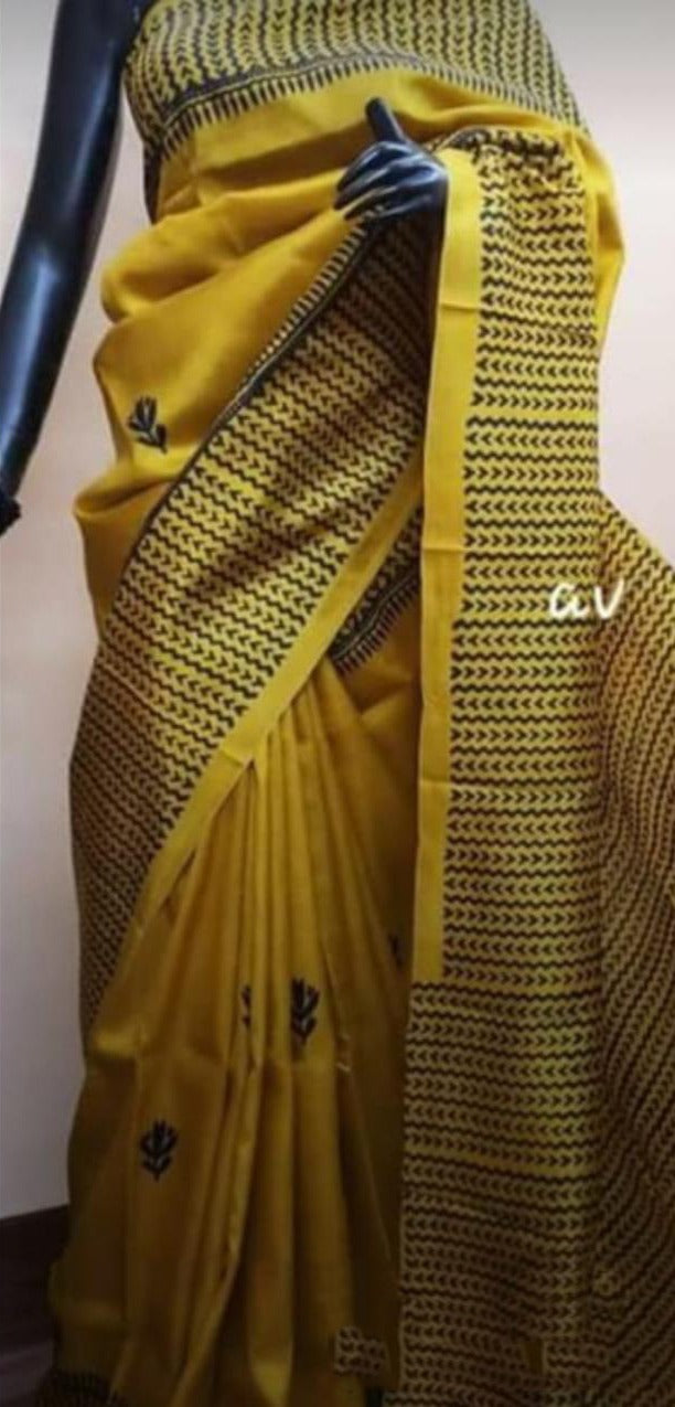 Yellow Black Block Printed Pure Silk Mark Certified Bishnupuri Silk Sarees - Dailybuyys