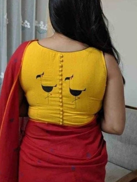 Block Printed Boat Neck Potli Button Detailing Sleeveless Blouses - Dailybuyys