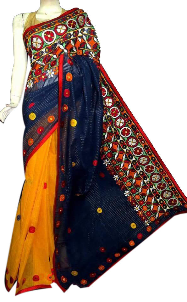 Blue & Yellow Bangladeshi Pure Cotton Kathiawari Sarees - Dailybuyys
