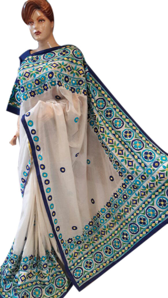 White & Sky Blue Design Bangladeshi Pure Cotton Kathiawari Sarees - Dailybuyys