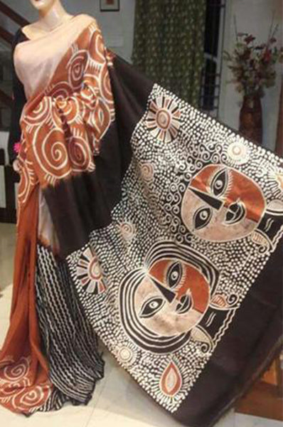 Beige Hand Painted Pure KK Silk Mark Certified Bishnupuri Silk Sarees - Dailybuyys