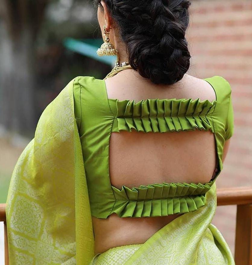 Green Cap Sleeves Backless Pleat Detailing Blouse - Dailybuyys