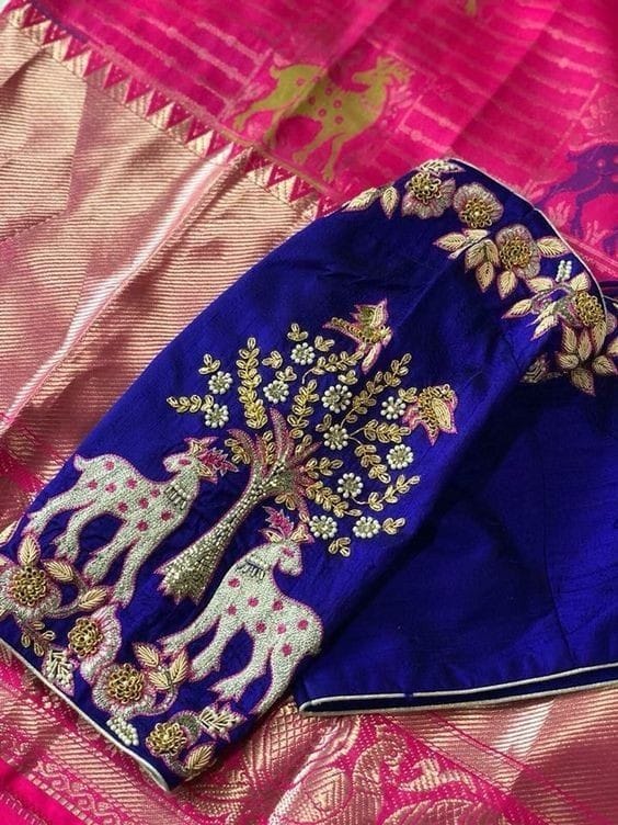 Royal Blue Hand embroidered Blouses In Raw Silk - Dailybuyys