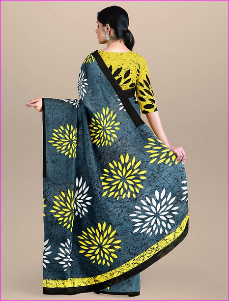 Lemon Green & Indigo Blue Mulmul Pure Cotton Sarees - Dailybuyys
