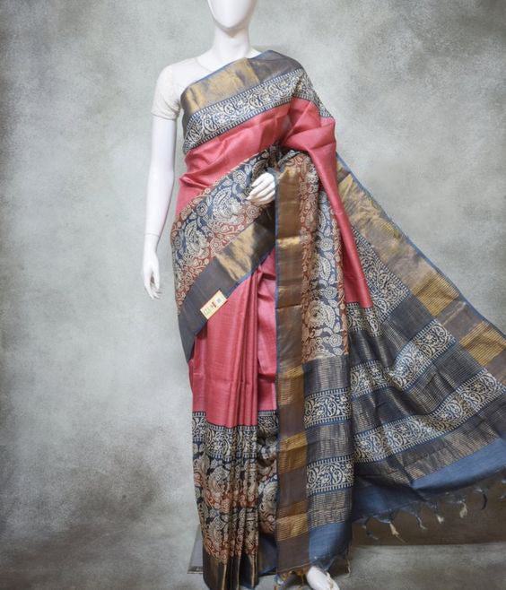 Pink Blue Block Printed Zari Border Pure Silk Mark Certified Tussar Silk Sarees - Dailybuyys