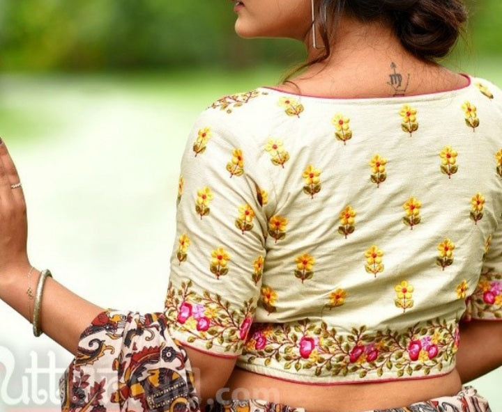 Floral Embroidery Boat Neck Piping detailing Blouses(Add To Cart 15% Off) - Dailybuyys