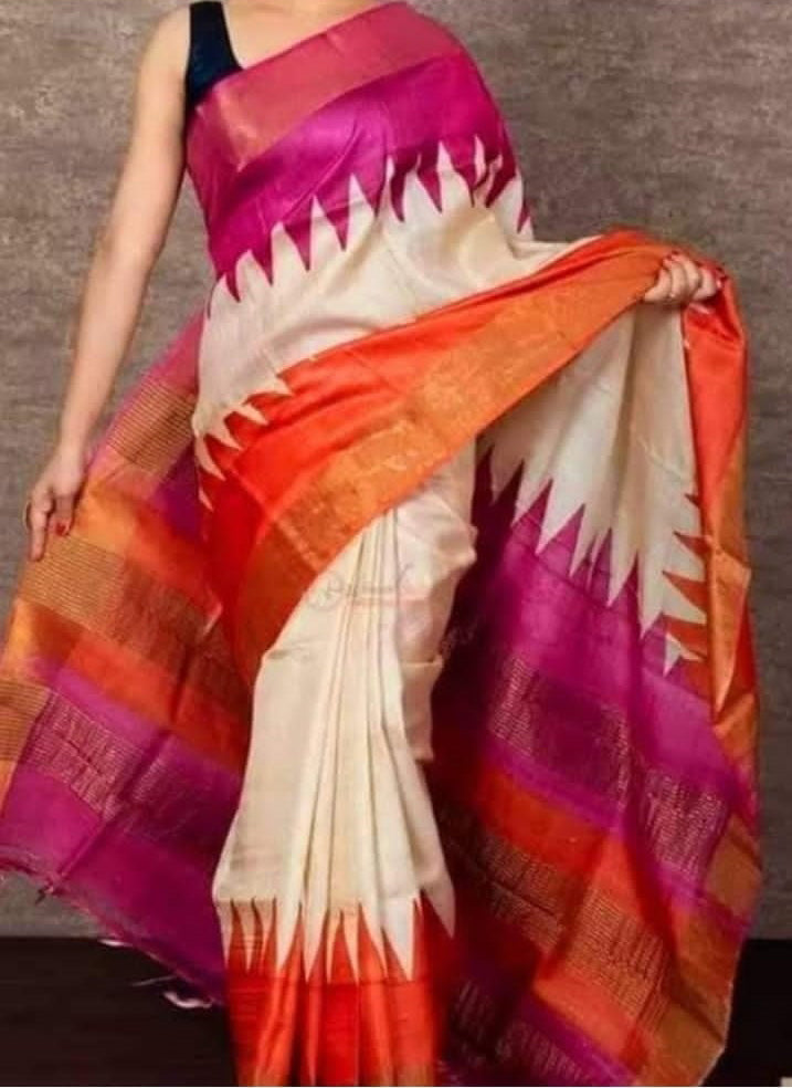 Beige Block Printed Zari Border Pure Silk Mark Certified Tussar Silk Sarees - Dailybuyys