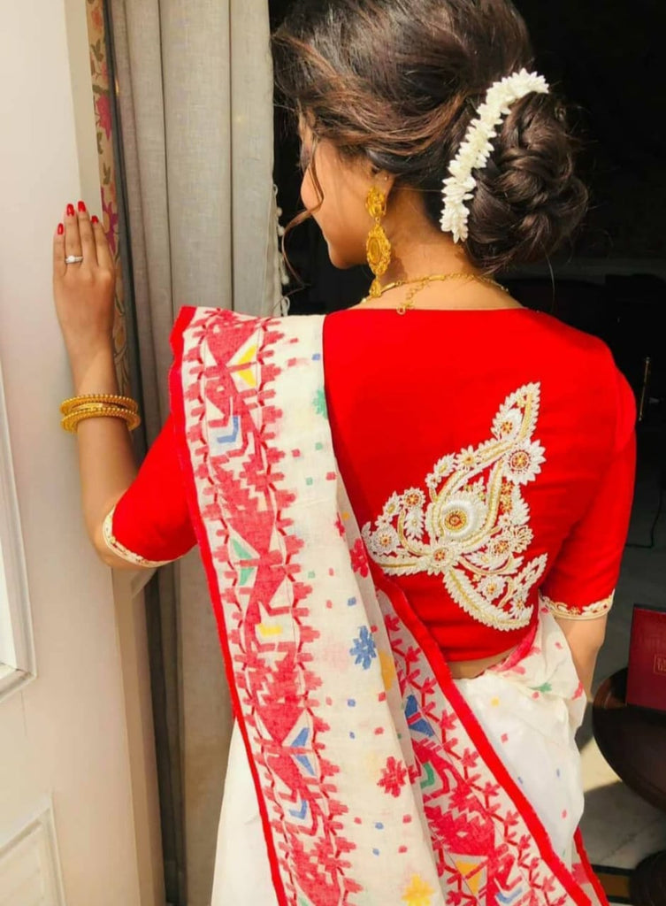 Red Mukut Motif Embroidered Blouses