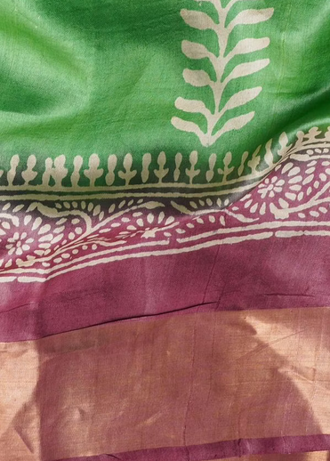 Block Printed Zari Border Pure Silk Mark Certified Tussar Silk Sarees - Dailybuyys