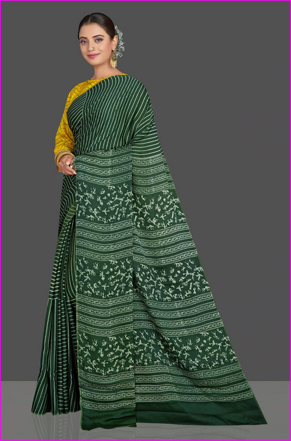 Green Block Print Silk Mark Certified Bishnupuri Silk Sarees - Dailybuyys
