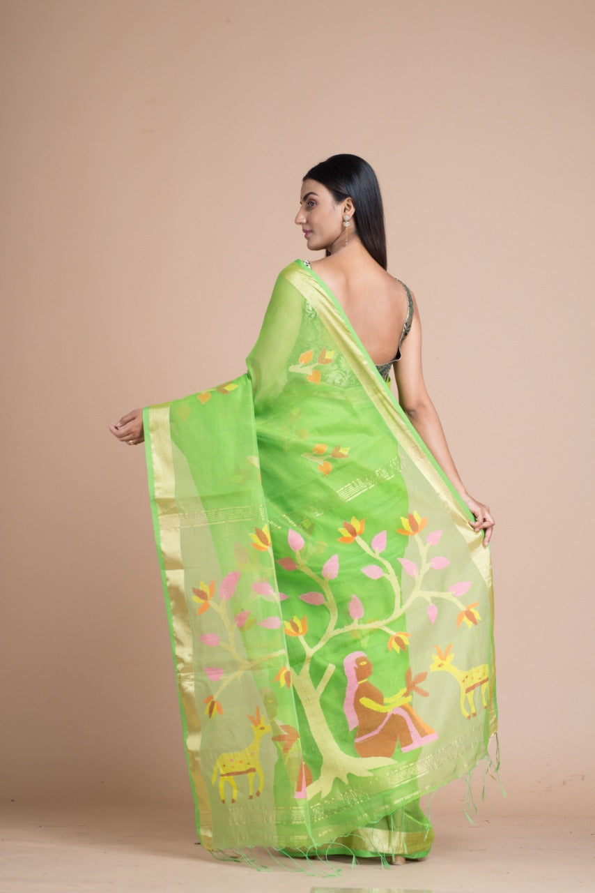 Green Silk Mark Certified Muslin Resom Silk Sarees - Dailybuyys