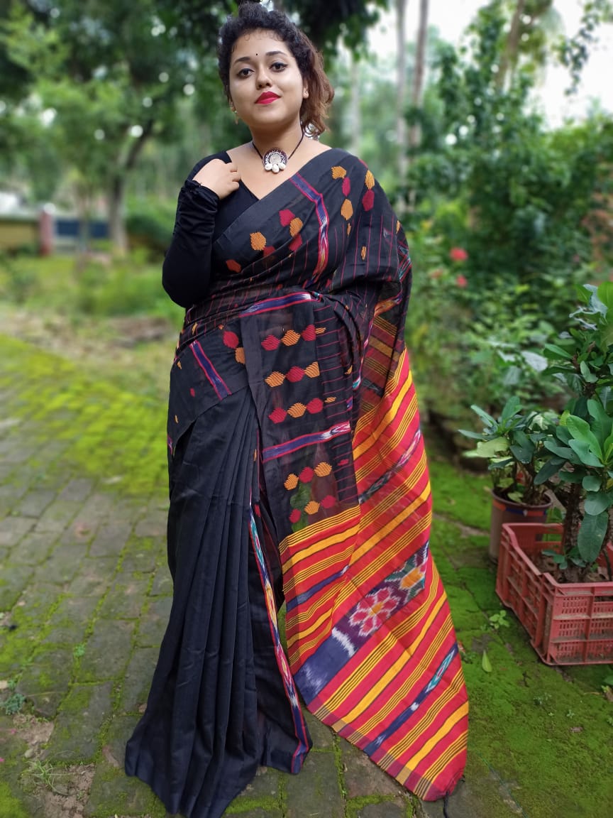 Black Silk Cotton Jamdani - Dailybuyys