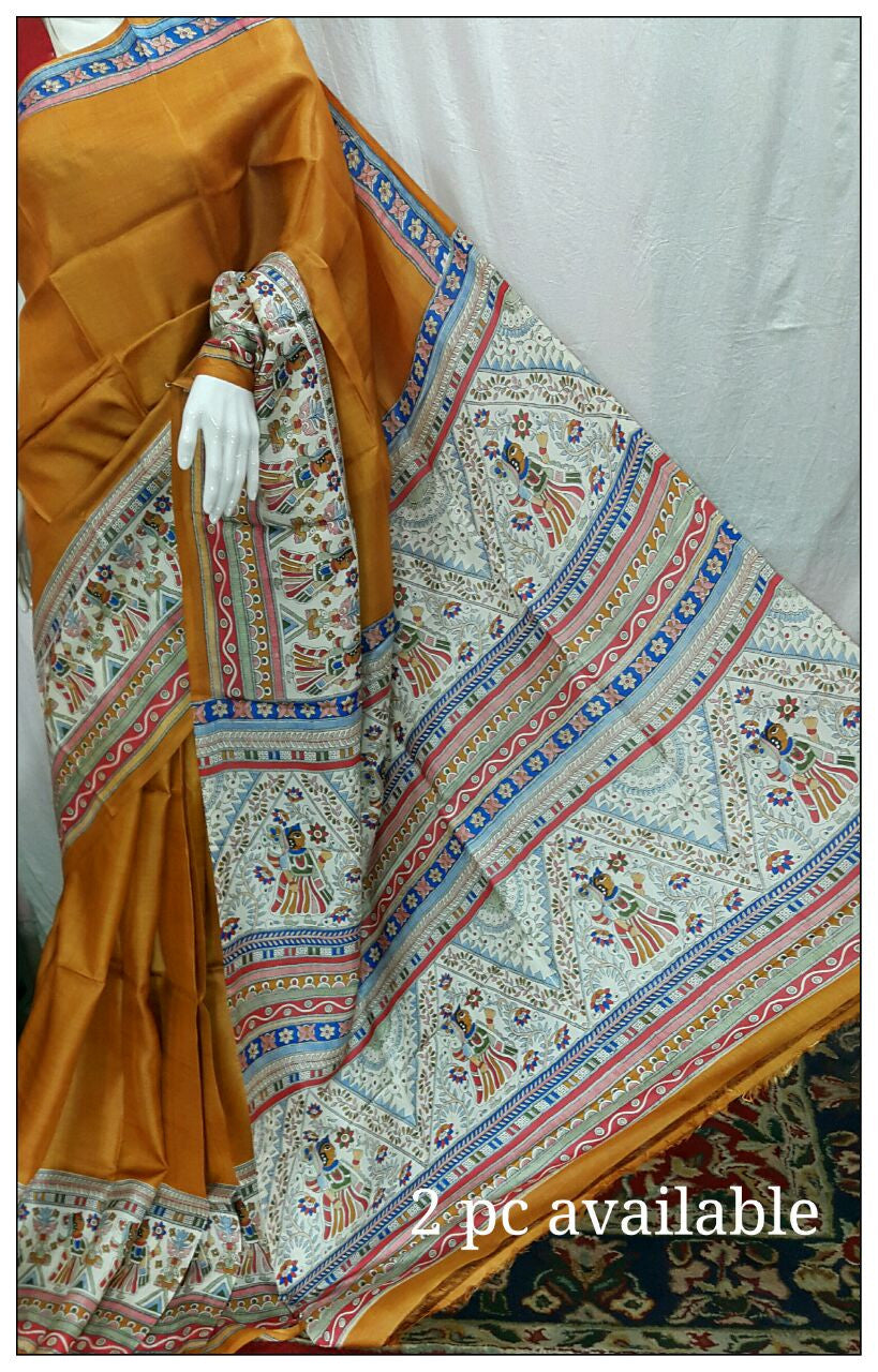 Yellow Pure Silk Mark Certified Tussar Silk Madhubani Sarees - Dailybuyys