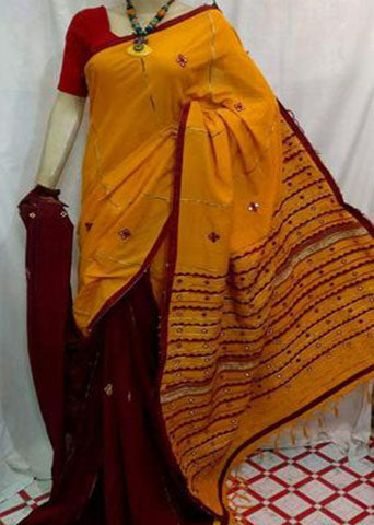 Orange Maroon Mirror Work Khesh Sarees - Dailybuyys