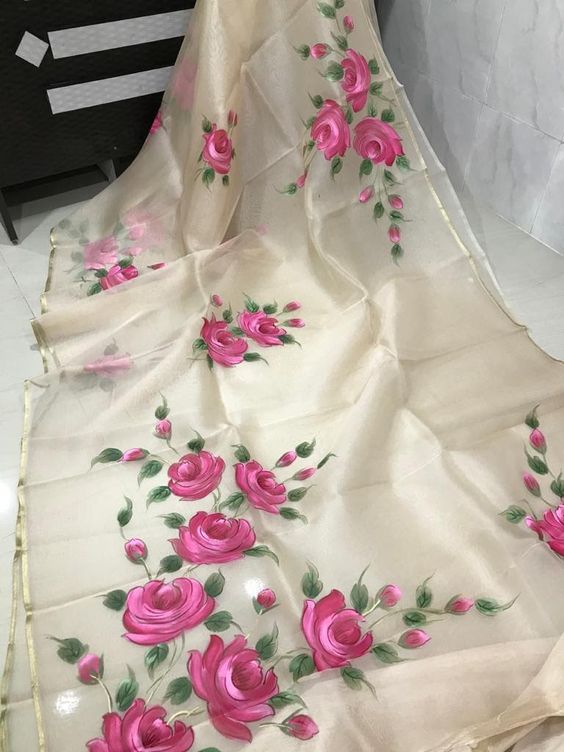 Beige Pure Hand Painted Organza Sarees - Dailybuyys