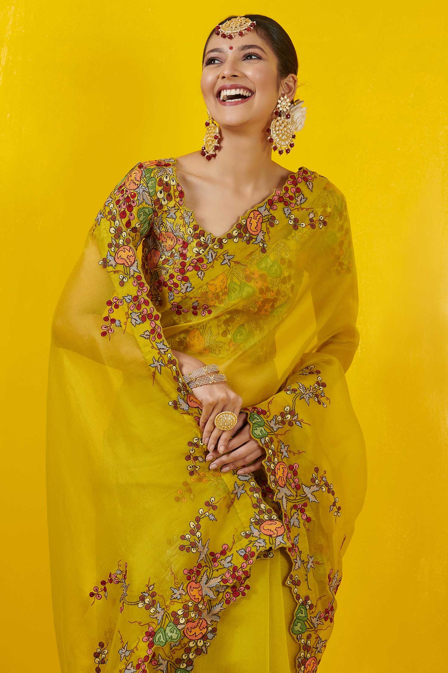 Lime Yellow Designer Work Organza Sarees - Dailybuyys