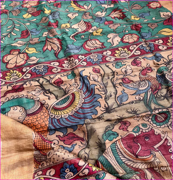 Blue Multi Colour Srikalahasti Pure Silk Mark Certified Kalamkari Tussar Silk Sarees - Dailybuyys