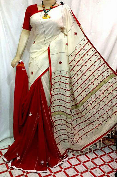 White Red Mirror Work Khesh Sarees - Dailybuyys