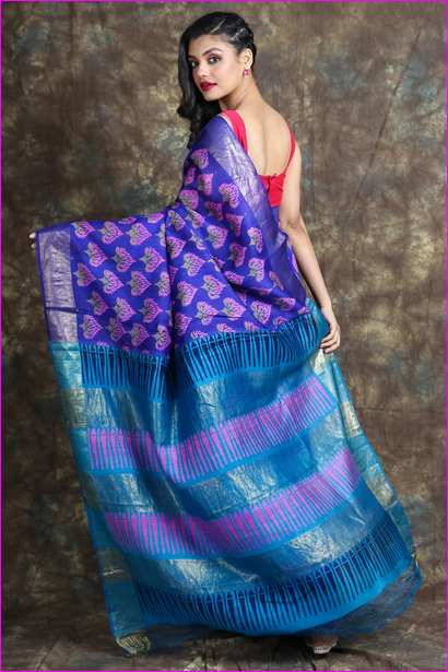 Bright Blue Block Print Zari Border Pure Silk Mark Certified Tussar Silk Sarees - Dailybuyys