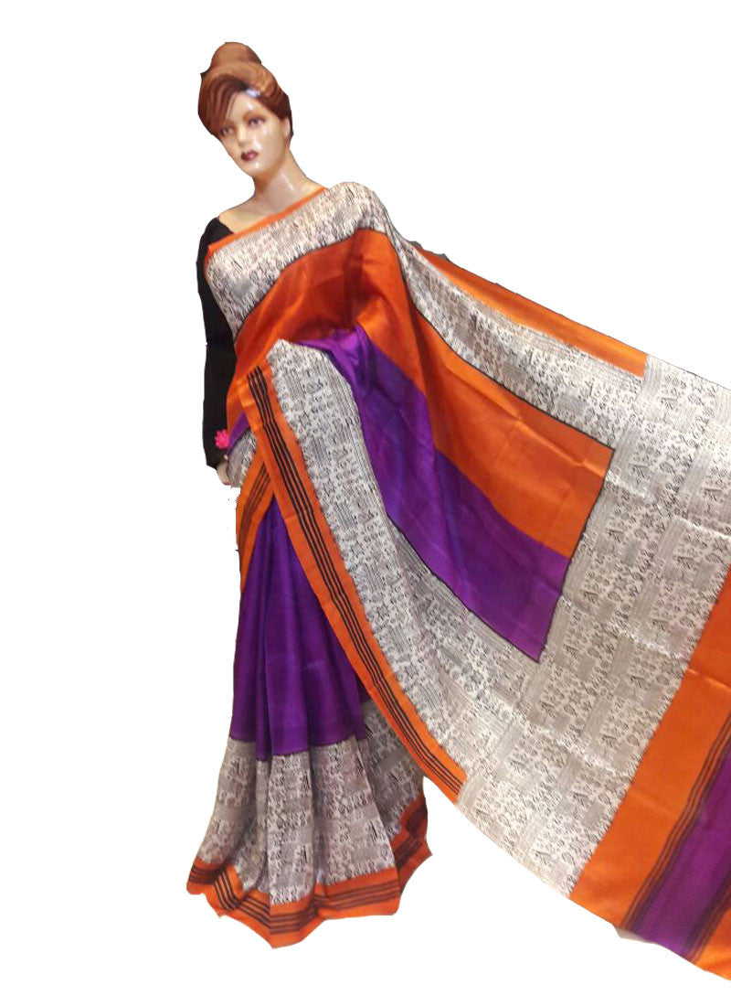 Violet & Orange Block Printed Pure Silk Mark Certified Bishnupuri Silk Sarees - Dailybuyys