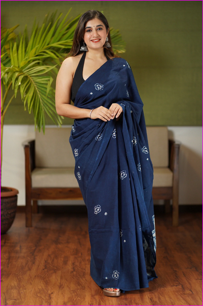 Blue Mulmul Pure Cotton Sarees - Dailybuyys