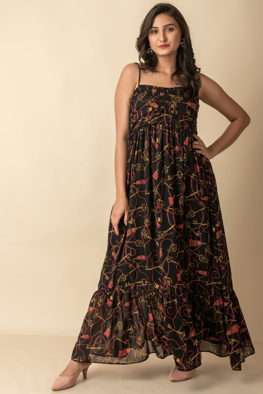 Black printed Chiffon maxi western wear dress by Dailybuyys - Dailybuyys