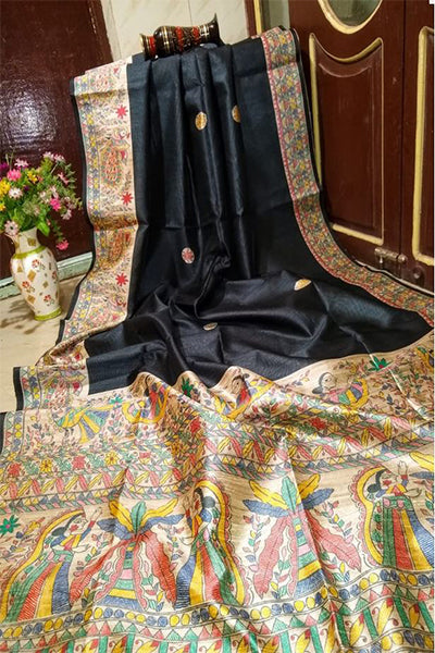 Madhubani Handpaint Pure Tussar Ghicha Silk Sarees - Dailybuyys