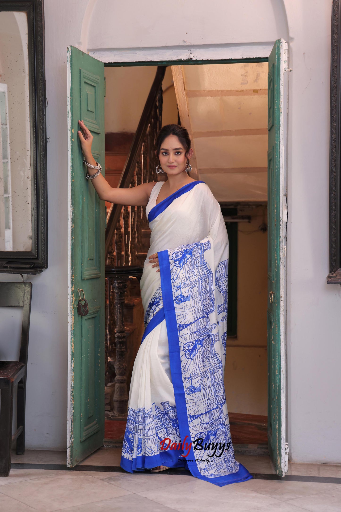 Blue Amar Kolkata Screen Block Printed Pure Silk Mark Certified Bishnupuri Silk Sarees - Dailybuyys