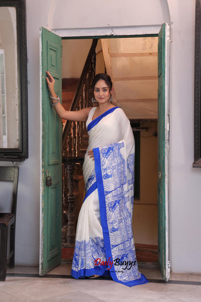 Blue Amar Kolkata Screen Block Printed Pure Silk Mark Certified Bishnupuri Silk Sarees - Dailybuyys