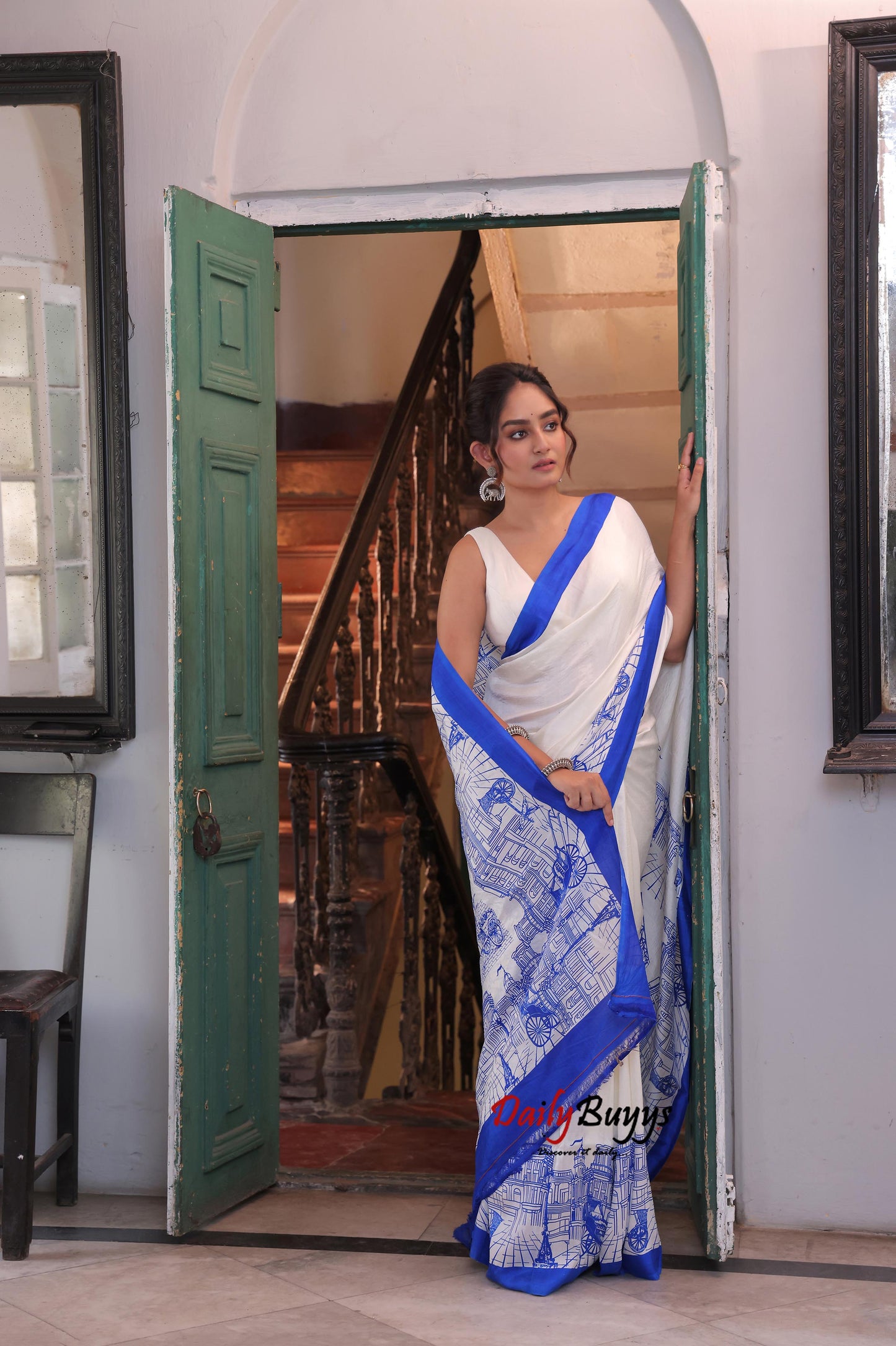Blue Amar Kolkata Screen Block Printed Pure Silk Mark Certified Bishnupuri Silk Sarees - Dailybuyys