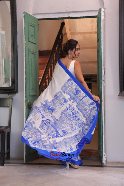 Blue Amar Kolkata Screen Block Printed Pure Silk Mark Certified Bishnupuri Silk Sarees - Dailybuyys