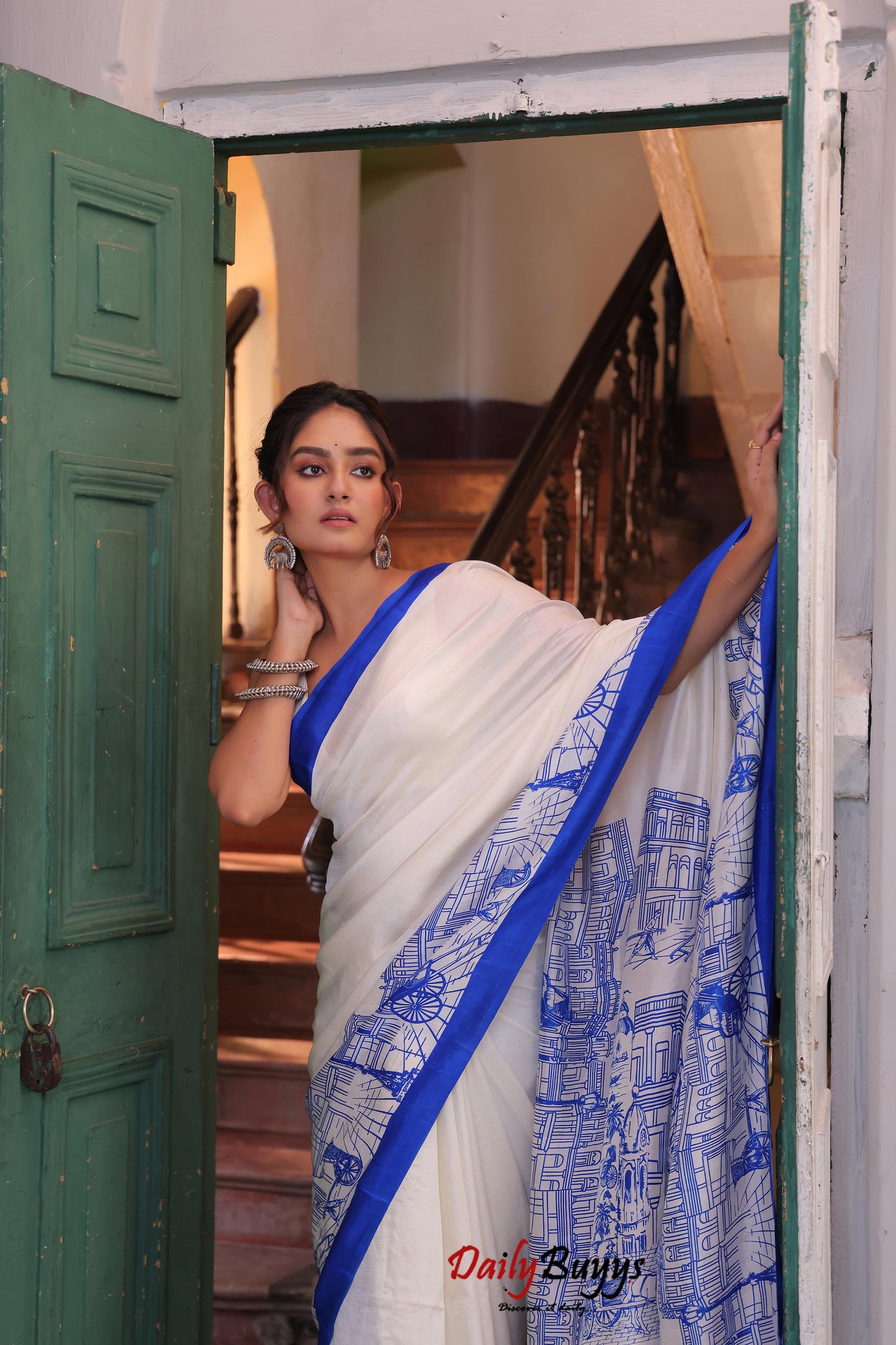 Blue Amar Kolkata Screen Block Printed Pure Silk Mark Certified Bishnupuri Silk Sarees - Dailybuyys