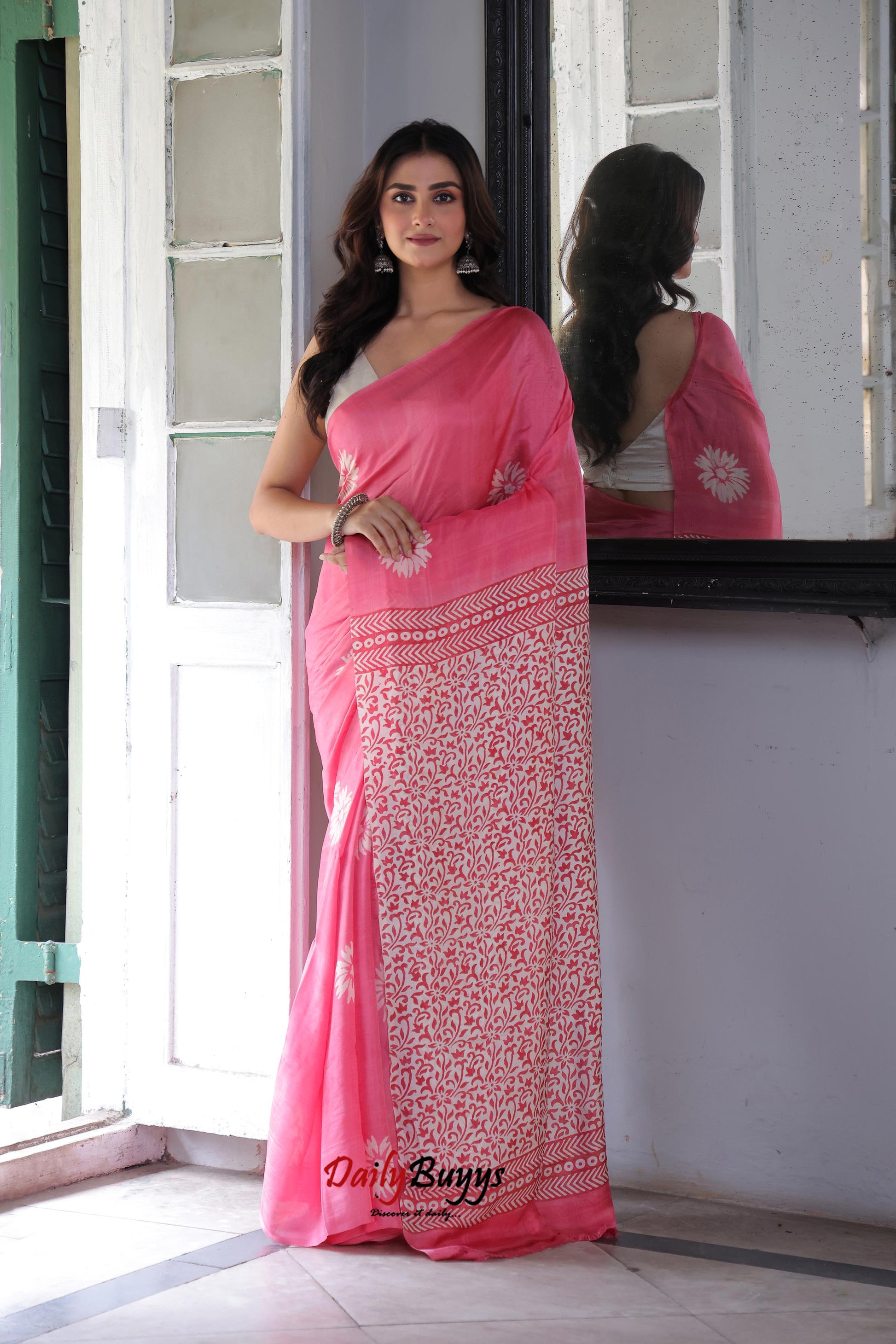 Peach Floral Discharge Block Printed Silk Mark Certified Bishnupuri Silk Sarees - Dailybuyys