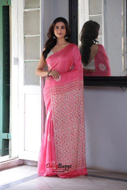 Peach Floral Discharge Block Printed Silk Mark Certified Bishnupuri Silk Sarees - Dailybuyys