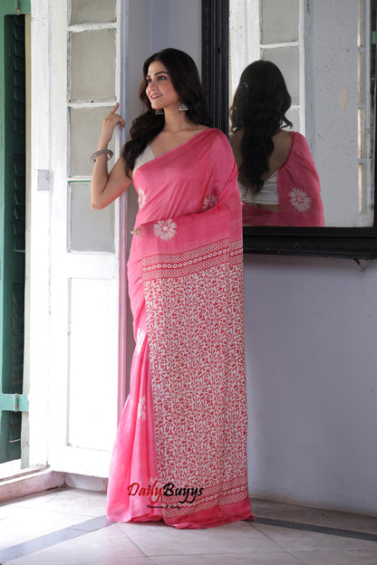 Peach Floral Discharge Block Printed Silk Mark Certified Bishnupuri Silk Sarees - Dailybuyys