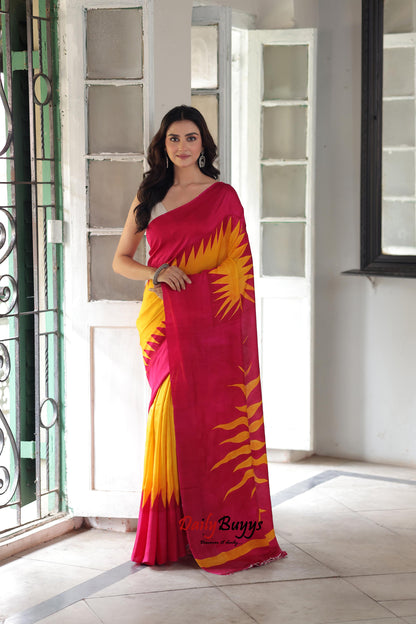 Yellow Hand Block  Printed Pure Silk Mark Certified Bishnupuri Silk Sarees - Dailybuyys