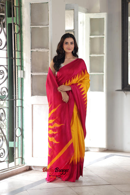 Yellow Hand Block  Printed Pure Silk Mark Certified Bishnupuri Silk Sarees - Dailybuyys