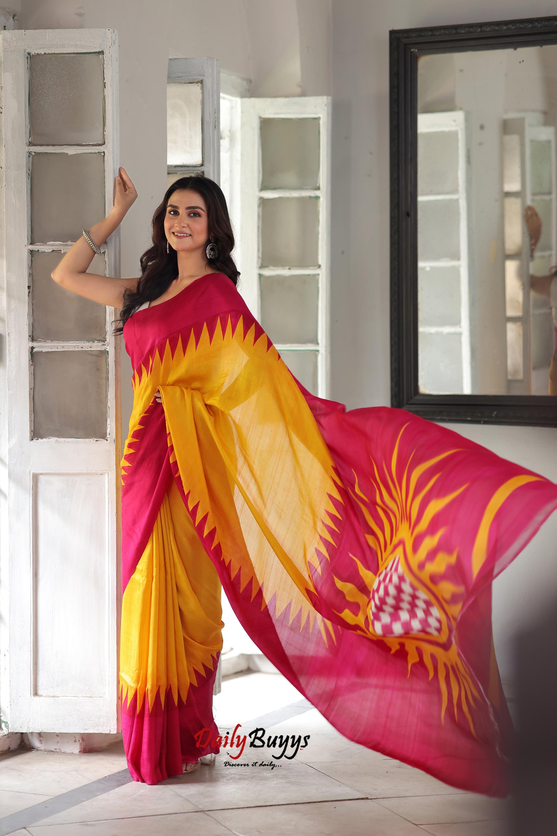 Yellow Hand Block  Printed Pure Silk Mark Certified Bishnupuri Silk Sarees - Dailybuyys