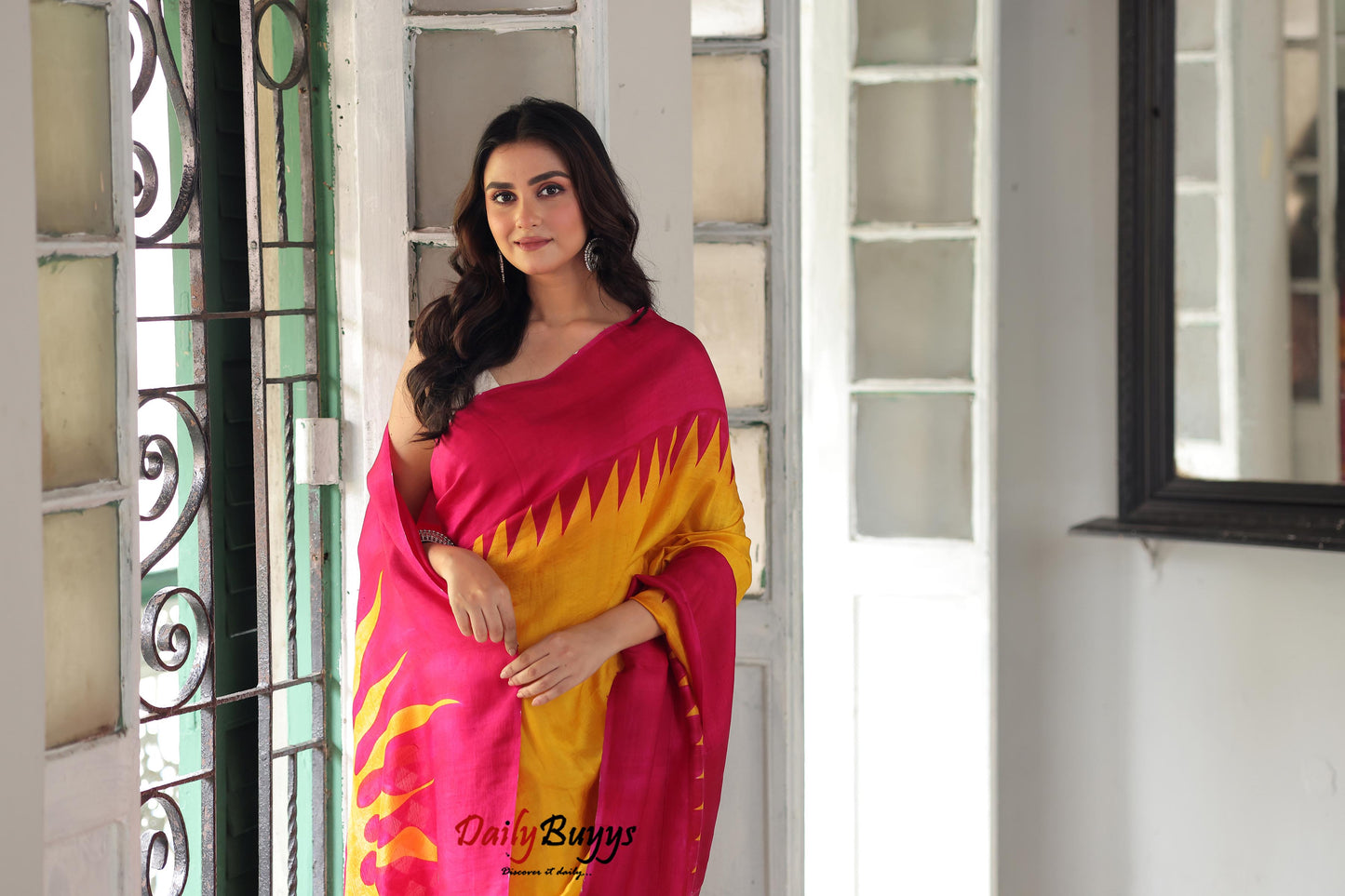 Yellow Hand Block  Printed Pure Silk Mark Certified Bishnupuri Silk Sarees - Dailybuyys