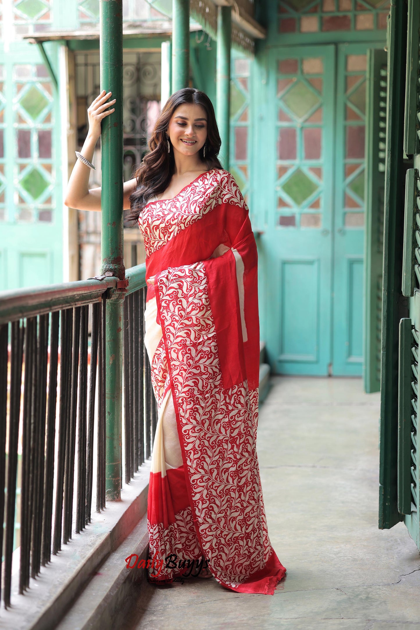 Red Block Printed Pure Silk Mark Certified Bishnupuri Silk Sarees - Dailybuyys