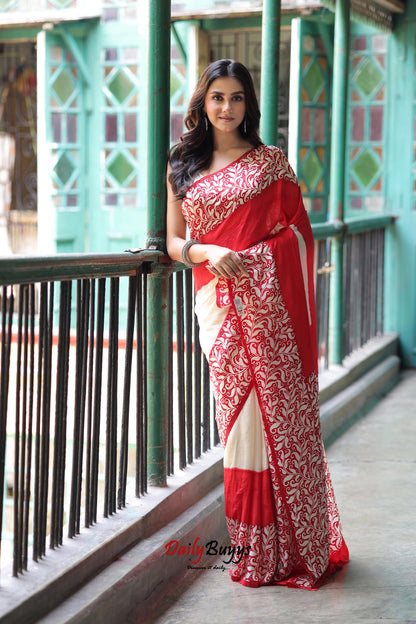 Red Block Printed Pure Silk Mark Certified Bishnupuri Silk Sarees - Dailybuyys