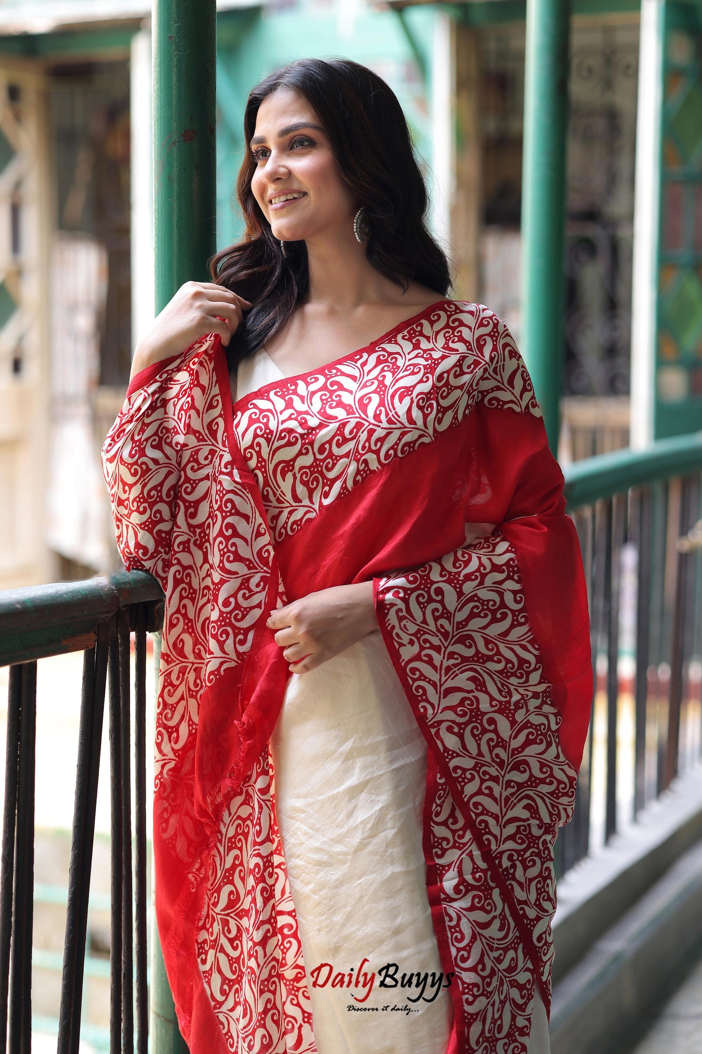 Red Block Printed Pure Silk Mark Certified Bishnupuri Silk Sarees - Dailybuyys