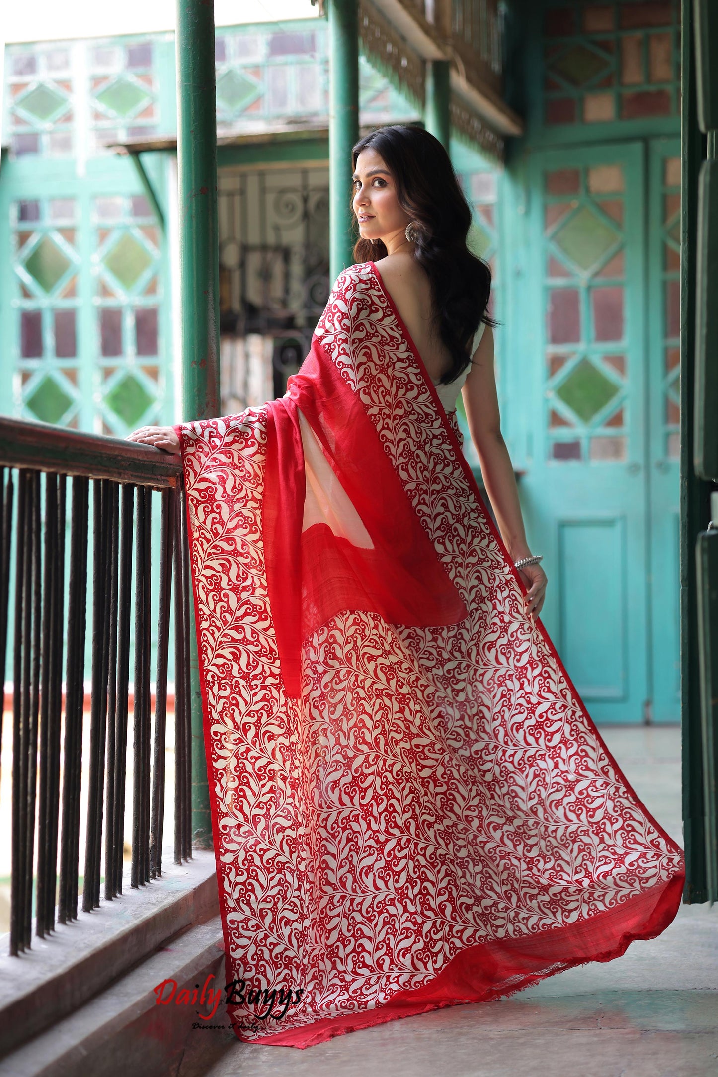 Red Block Printed Pure Silk Mark Certified Bishnupuri Silk Sarees - Dailybuyys