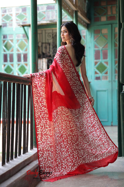 Red Block Printed Pure Silk Mark Certified Bishnupuri Silk Sarees - Dailybuyys