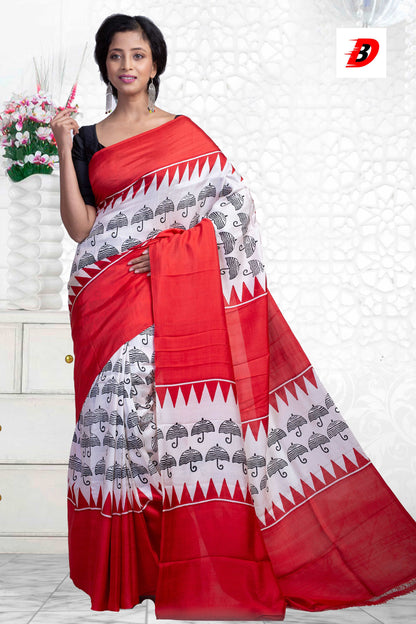 Barsha Block Printed Pure Silk Mark Certified Bishnupuri Silk Sarees