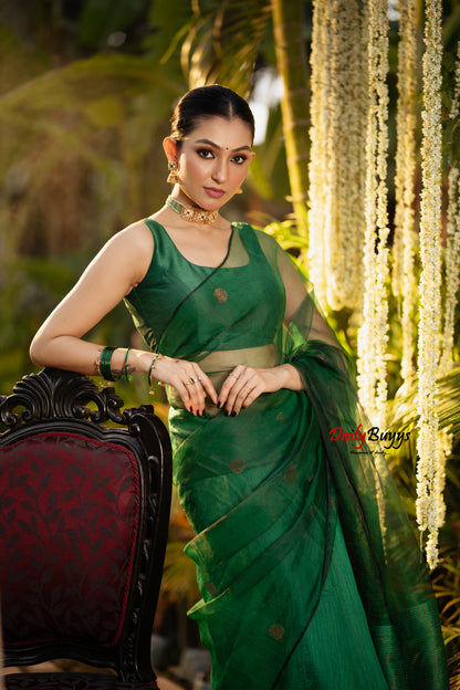 Green Pure Matka Silk Mark Certified Muslin Jamdani Sarees