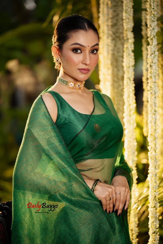 Green Pure Matka Silk Mark Certified Muslin Jamdani Sarees